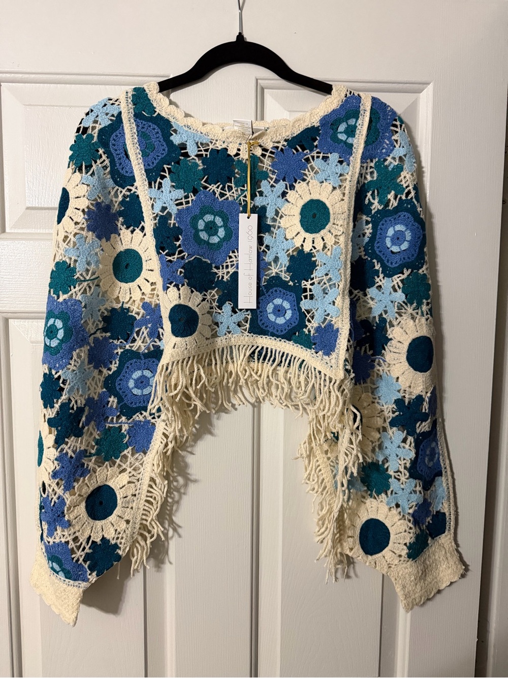 House of Harlow 1960 Crochet Floral Fringe Cardigan Boho One Size